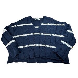 Zara Chunky Cable Knit Fisherman Sweater Oversized Cropped Women S Navy/White